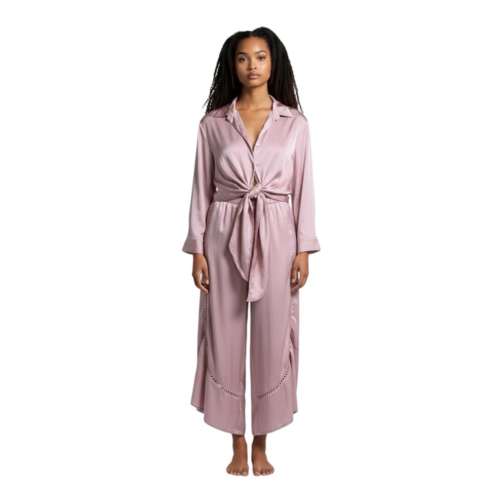 Victoria’s Secret Two Piece Luxe Satin Tie Waist Long Sleeve Wide Leg Pant Set